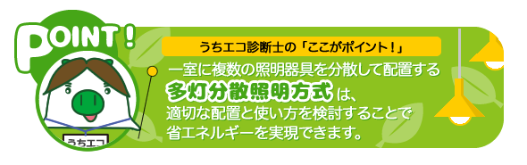 うちエコ診断士の「ここがポイント！」一室に複数の照明器具を分散して配置する多灯分散照明方式は、適切な配置と使い方を検討することで省エネルギーを実現できます。