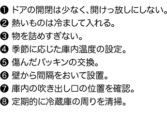 1.ドアの開閉は少なく、開けっ放しにしない。2.熱いものは冷まして入れる。3.物を詰めすぎない。4.季節に応じた庫内温度の設定。5.傷んだパッキンの交換。6.壁から間隔をおいて設置。7.庫内の吹き出し口の位置を確認。8.定期的に冷蔵庫の周りを清掃。