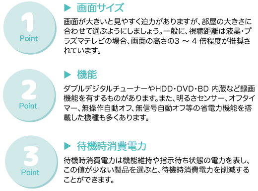 1.画面サイズ:画面が大きいと見やすく迫力がありますが、部屋の大きさに合わせて選ぶようにしましょう。一般に、視聴距離は液晶・プラズマテレビの場合、画面の高さの3 ～ 4 倍程度が推奨されています。　2.機能:ダブルデジタルチューナーやHDD・DVD・BD 内蔵など録画機能を有するものがあります。また、明るさセンサー、オフタイマー、無操作自動オフ、無信号自動オフ等の省電力機能を搭載した機種も多くあります。　3.待機時消費電力:待機時消費電力は機能維持や指示待ち状態の電力を表し、この値が少ない製品を選ぶと、待機時消費電力を削減することができます。