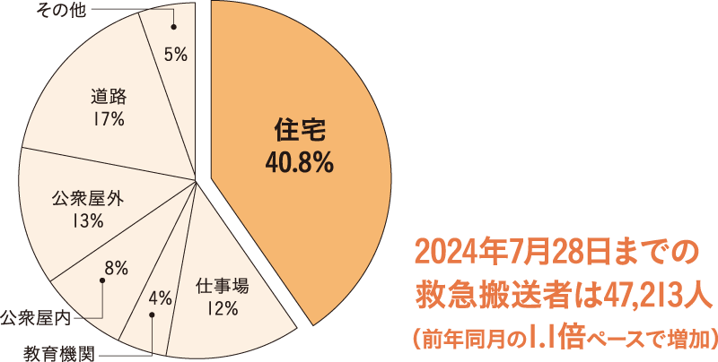 2024年7月28日までの救急搬送者は47,213人（前年同月の1.1倍ペースで増加）